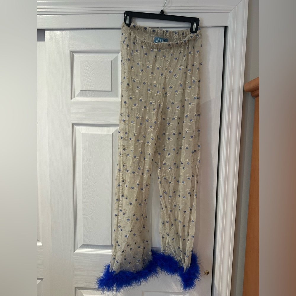 Jade Sheer Floral Pants with Feather Trim